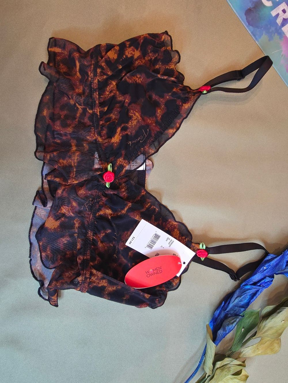 NWT Sheer Leopard Print Lingerie Bralette with Rose Accents Size S